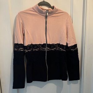 Boston Proper Pink and Black Zip Up Top with Lace Detail